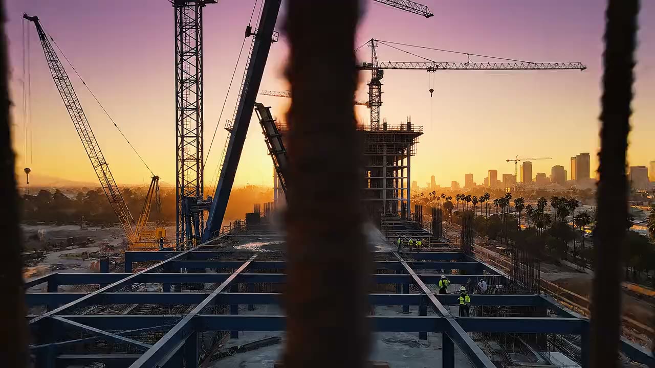 Southern California construction site — steel frame and tower cranes at golden hour